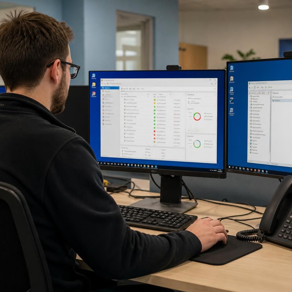 IT professional reviewing application test results on a virtual desktop