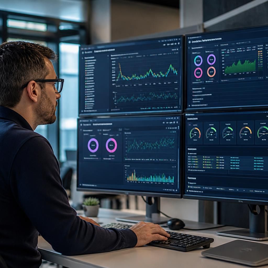 Virtual desktop monitoring dashboard displaying session latency, resource use and uptime metrics