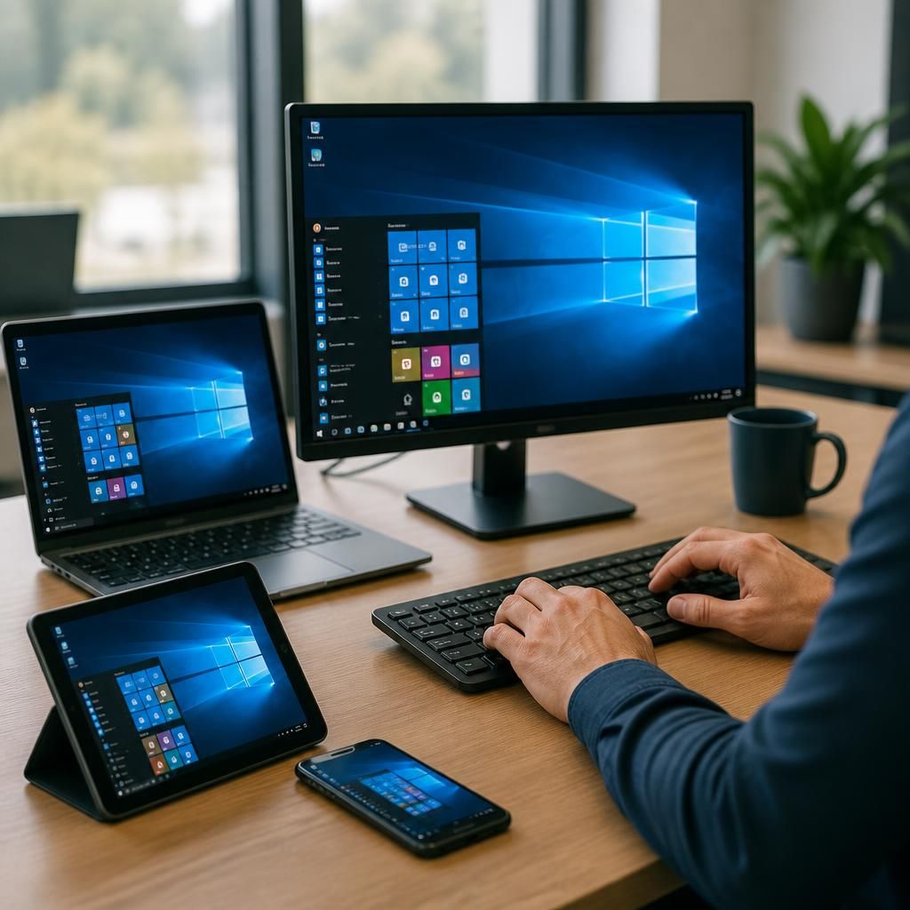 Laptop, desktop monitor, tablet and smartphone displaying virtual desktop screens