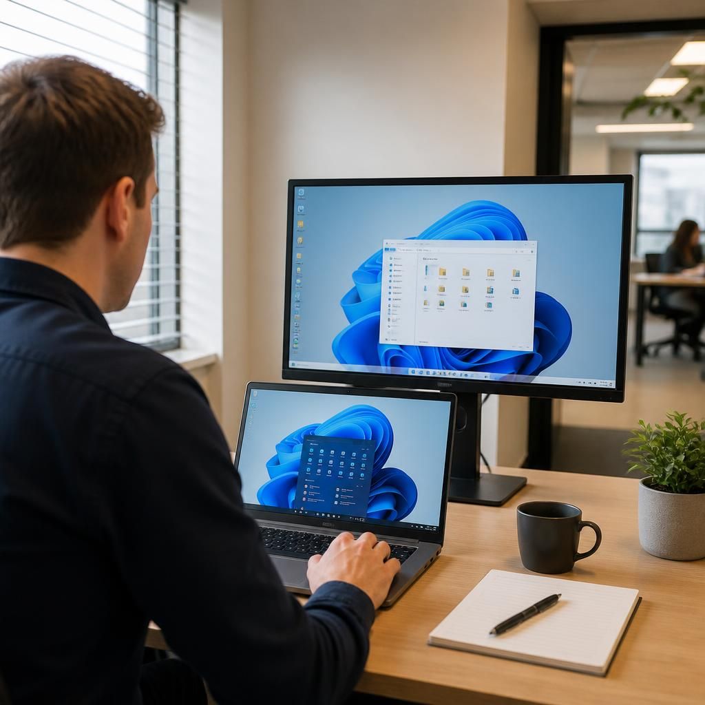 User accessing a hosted desktop from a laptop with a second monitor