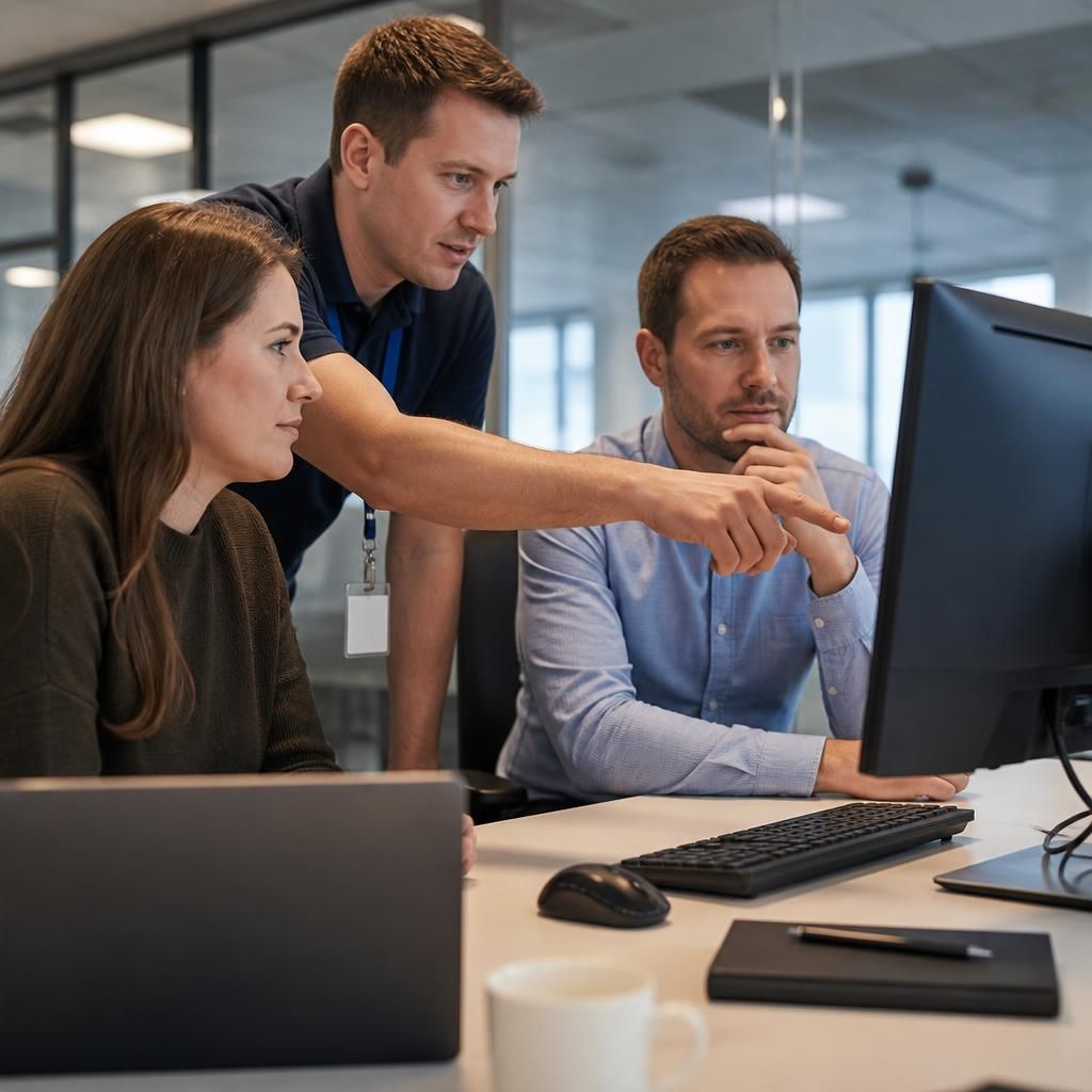 IT specialist discussing a computer setup with a small business team