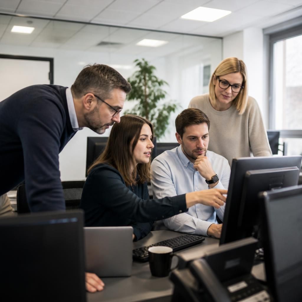 Professional services team reviewing work on connected computers