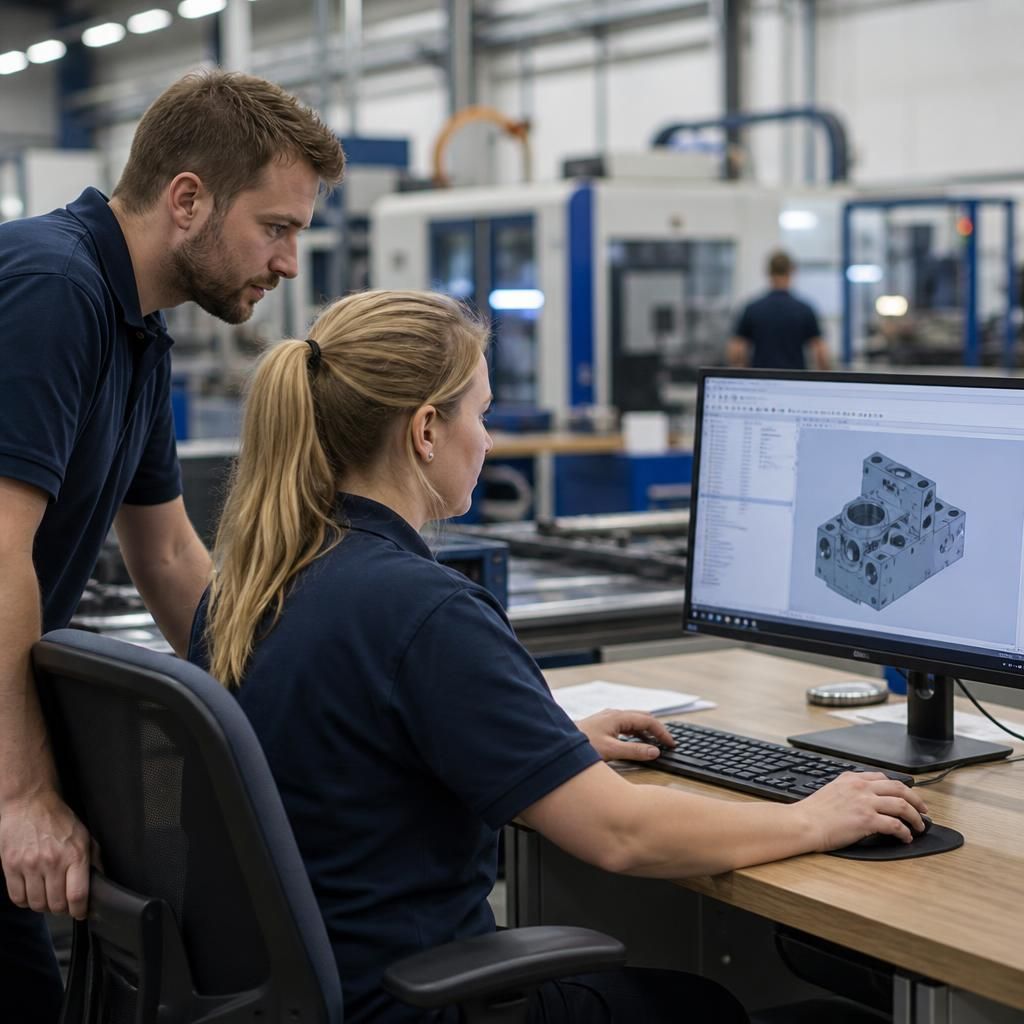 Manufacturing staff using computers alongside production operations