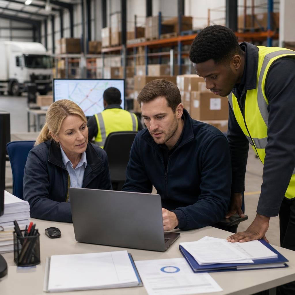 Logistics team coordinating deliveries and business information
