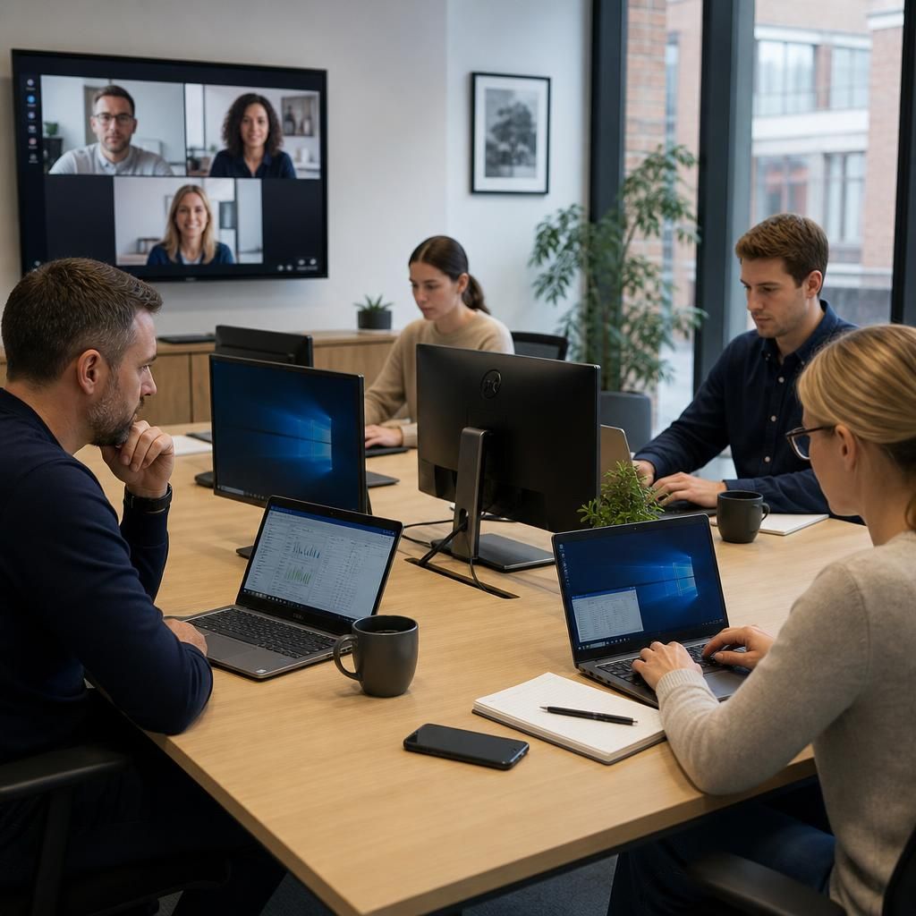 Staff from different business locations working on shared systems
