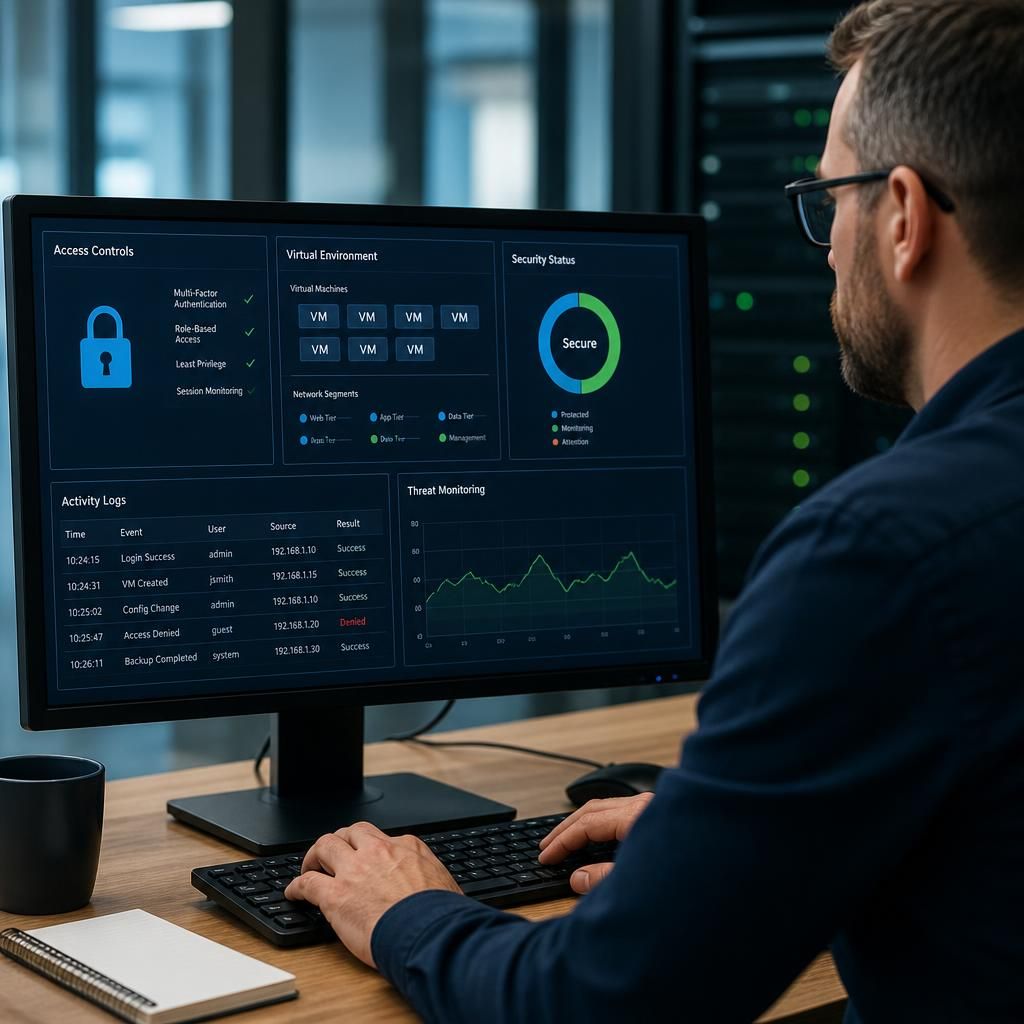 Virtual machine security dashboard showing access controls, network segments and activity logs