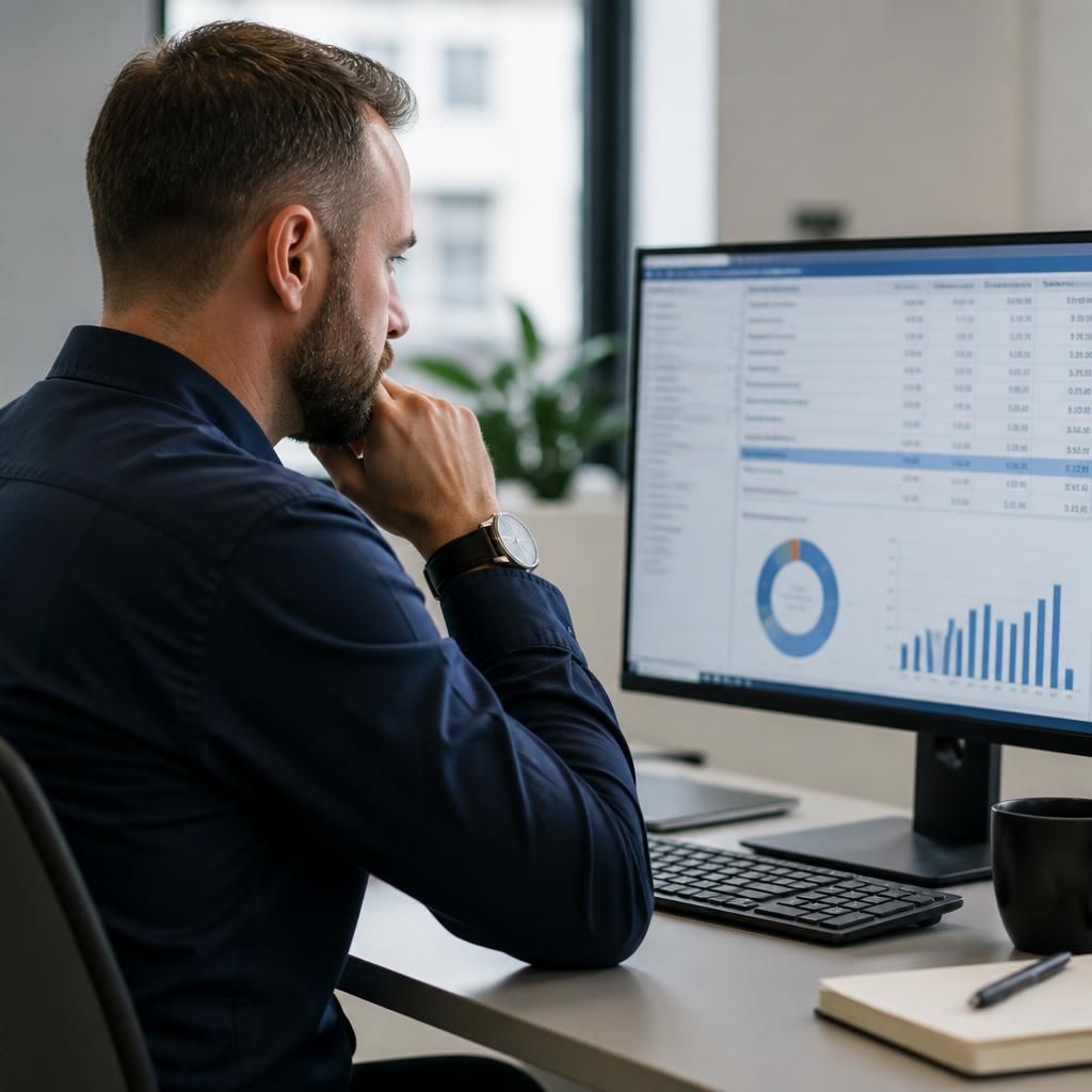 Consultant reviewing a virtual IT cost breakdown on a computer monitor