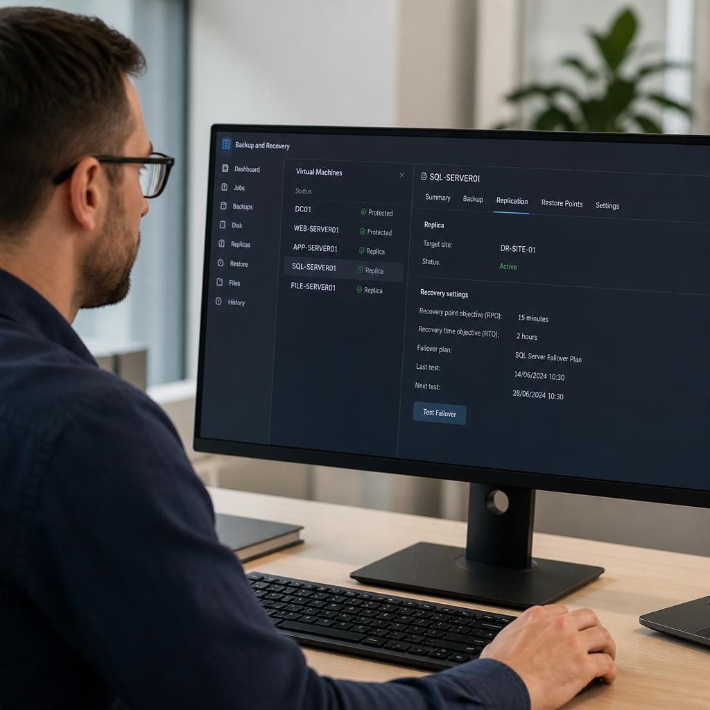 IT administrator reviewing virtual machine recovery settings on a computer monitor