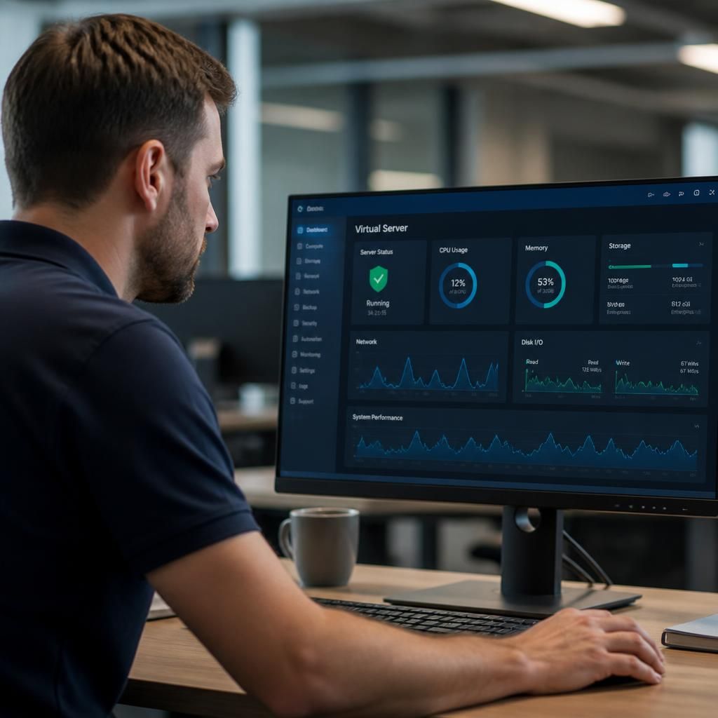 IT specialist reviewing a virtual server dashboard on a computer monitor