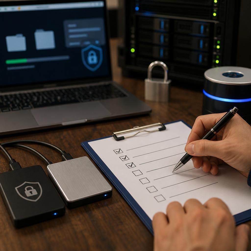 Secure data transfer checklist beside encrypted storage and backup drives