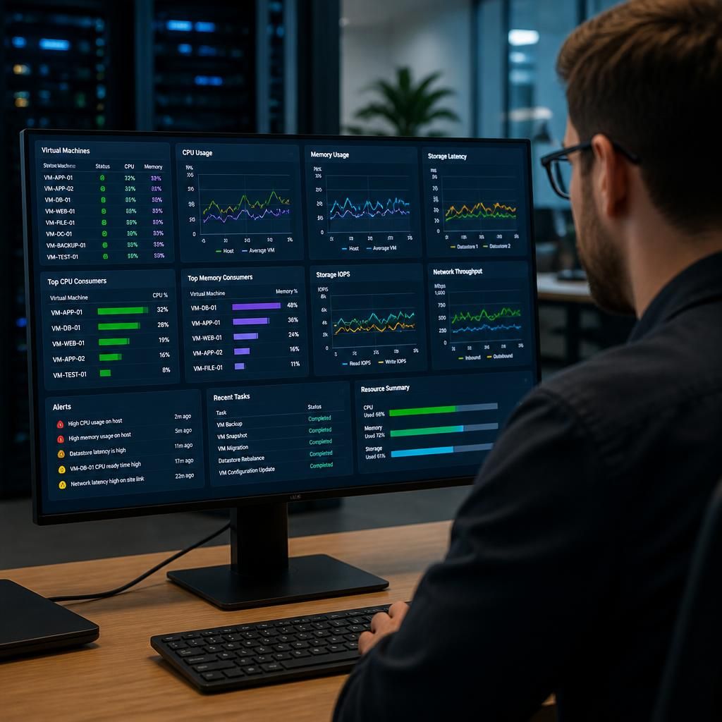 IT monitoring dashboard displaying virtual machine processor, memory, storage and network metrics