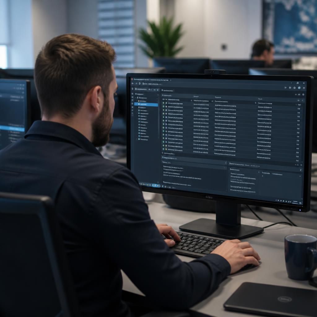 Technician reviewing virtual machine maintenance logs on a computer monitor