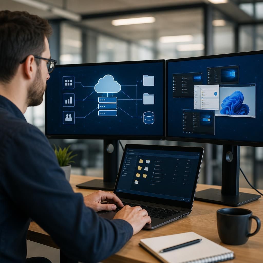 Diagram showing business applications, shared data and remote desktops running in a virtual environment