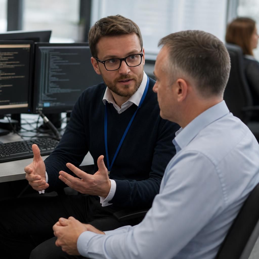 IT professional discussing computer systems with a business colleague