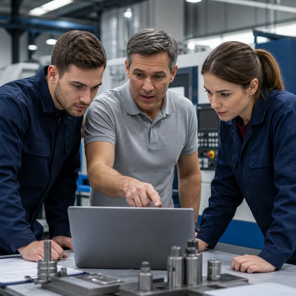 Manufacturing team reviewing digital production information