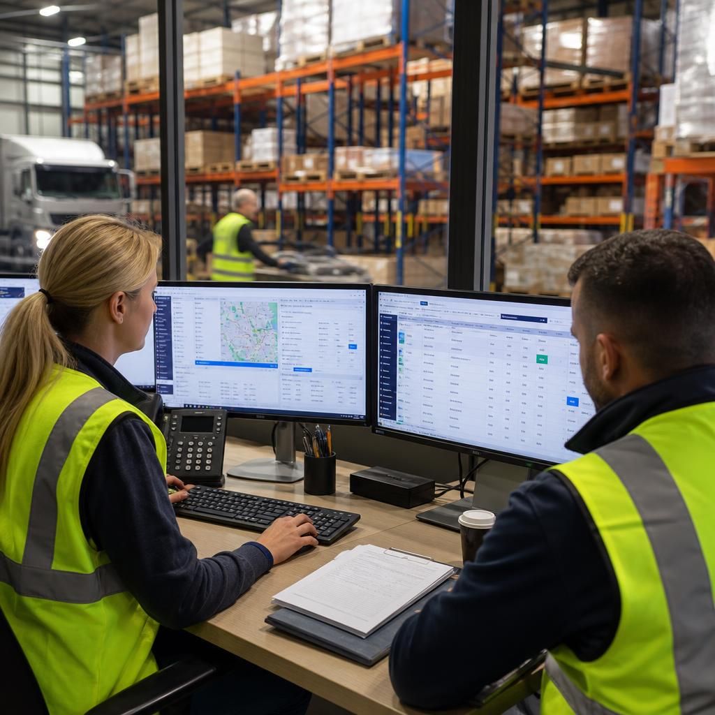 Logistics staff using computers to manage business operations