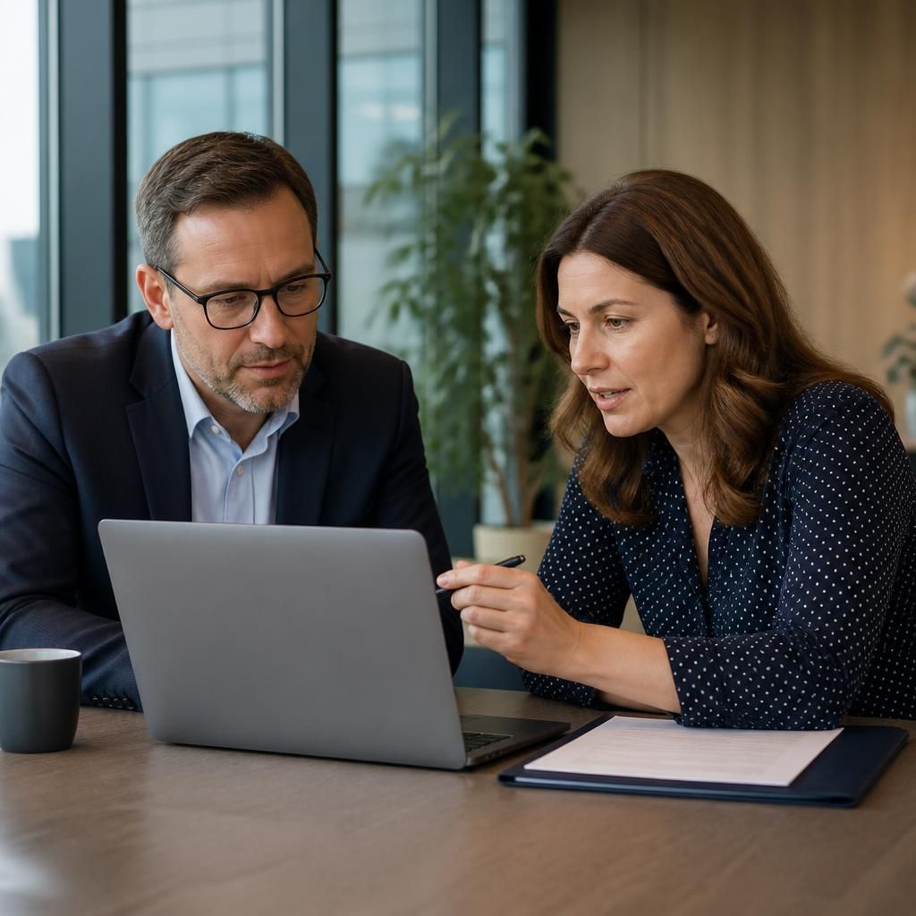 Business representatives reviewing a virtual IT services agreement on a laptop